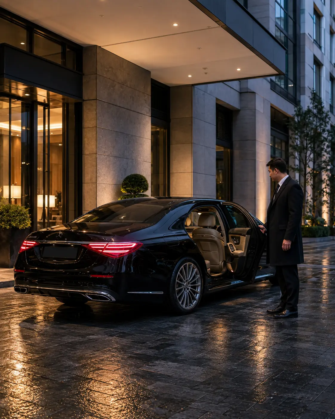 Professional Five Stars chauffeur opening the rear door of a contemporary black Mercedes-Benz S-Class outside an upscale hotel