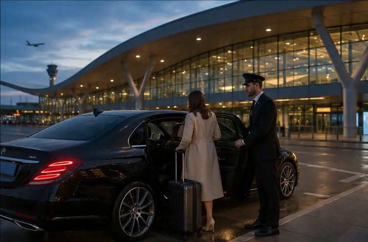 Professional chauffeur assisting a traveller with suitcases beside a black luxury sedan at an airport terminal