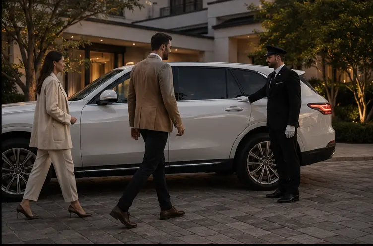 Professional chauffeur greeting clients beside their white luxury SUV at a private residence