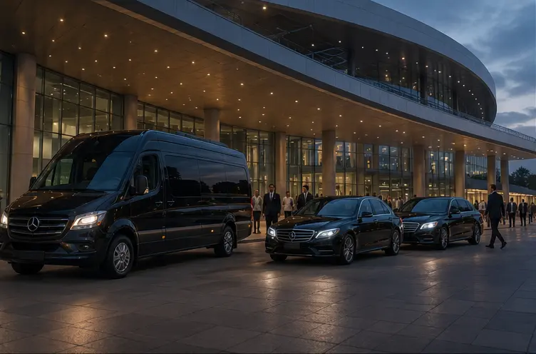 Executive Sprinter and luxury sedans staged outside a modern convention centre