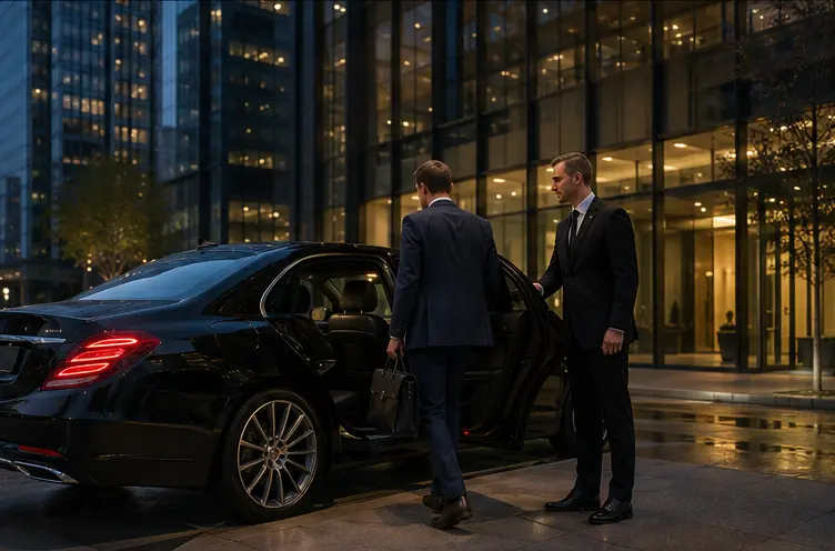 Executive passenger entering a black chauffeur sedan outside a downtown office tower