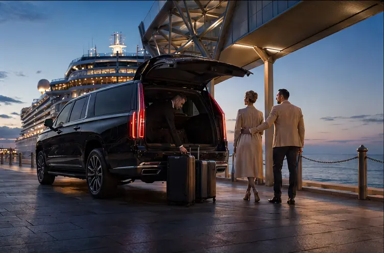Black luxury SUV with suitcases at a waterfront cruise terminal