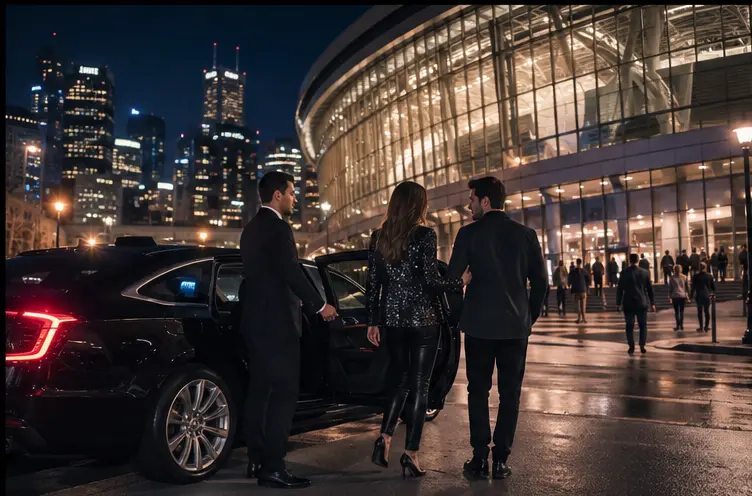 Private chauffeur arrival outside a modern arena at night