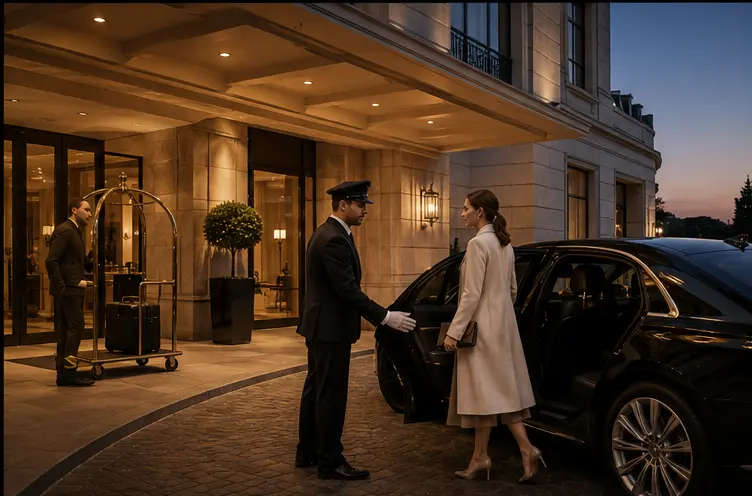Uniformed chauffeur welcoming a traveller beside a black luxury vehicle at a five-star hotel