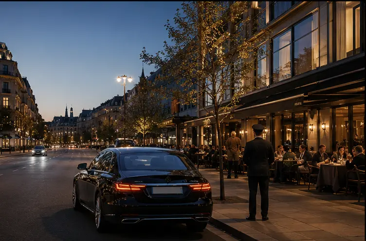 Black luxury sedan and chauffeur waiting outside an upscale dining district at dusk