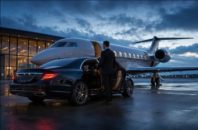 Black chauffeur sedan beside a private jet at a modern FBO at blue hour