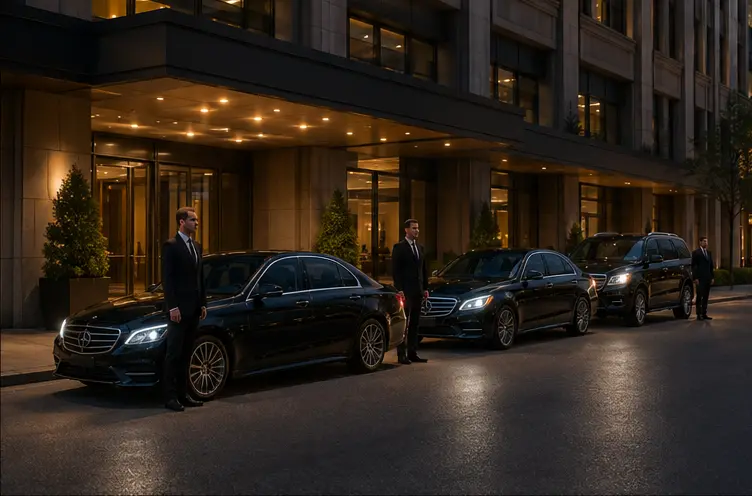 Coordinated black chauffeur vehicles and professional drivers outside a downtown hotel