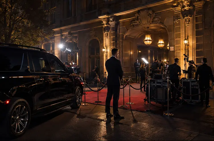 Discreet black SUV and chauffeur at a private production entrance at night