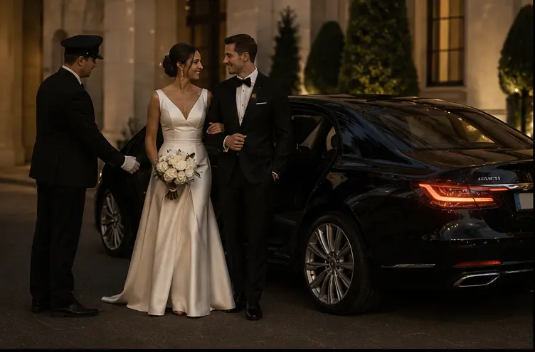 Bride and groom arriving beside an elegant black sedan with a professional chauffeur