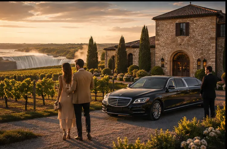 Black luxury sedan with a chauffeur and guests at a vineyard estate during golden hour